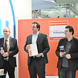 Sieger des INNOVATIONSPREIS-IT 2011: Die Shopgate GmbH gewinnt mit ihrer Produktlösung „Shopgate“ in der Kategorie „Mobile“. Im Bild v.l.n.r.: Prof. Dr. Stork (Karlsruher Institut für Technologie, Juror der Kategorie „Mobile“), Andrea Anderheggen (Gründer und CEO, Shopgate GmbH), Ortwin Kartmann (Gründer und CEO, Shopgate GmbH) und Dieter Kartmann (Head of Business Development, Shopgate GmbH).